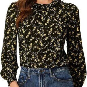 Allegra K Women's Smocked Cuffs Keyhole Back Ruffled Crew Neck Floral Blouse
